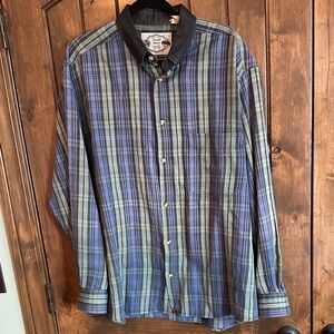 Vintage “Double Impact” Twill Plaid Button-Down Shirt with Black Collar
